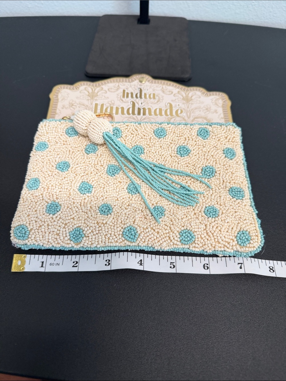 India Handmade | Cream Beaded Wristlet/Wallet w/ Turquoise Polka Dots - Picture 8 of 9